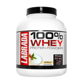 Labrada 100% Whey protein powder in vanilla flavor, gluten-free, rich in essential amino acids.